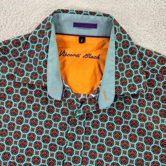 Visconti Black Mens Small Patterned Short Sleeve Button Down Shirt Casual Preppy - Picture 1 of 6